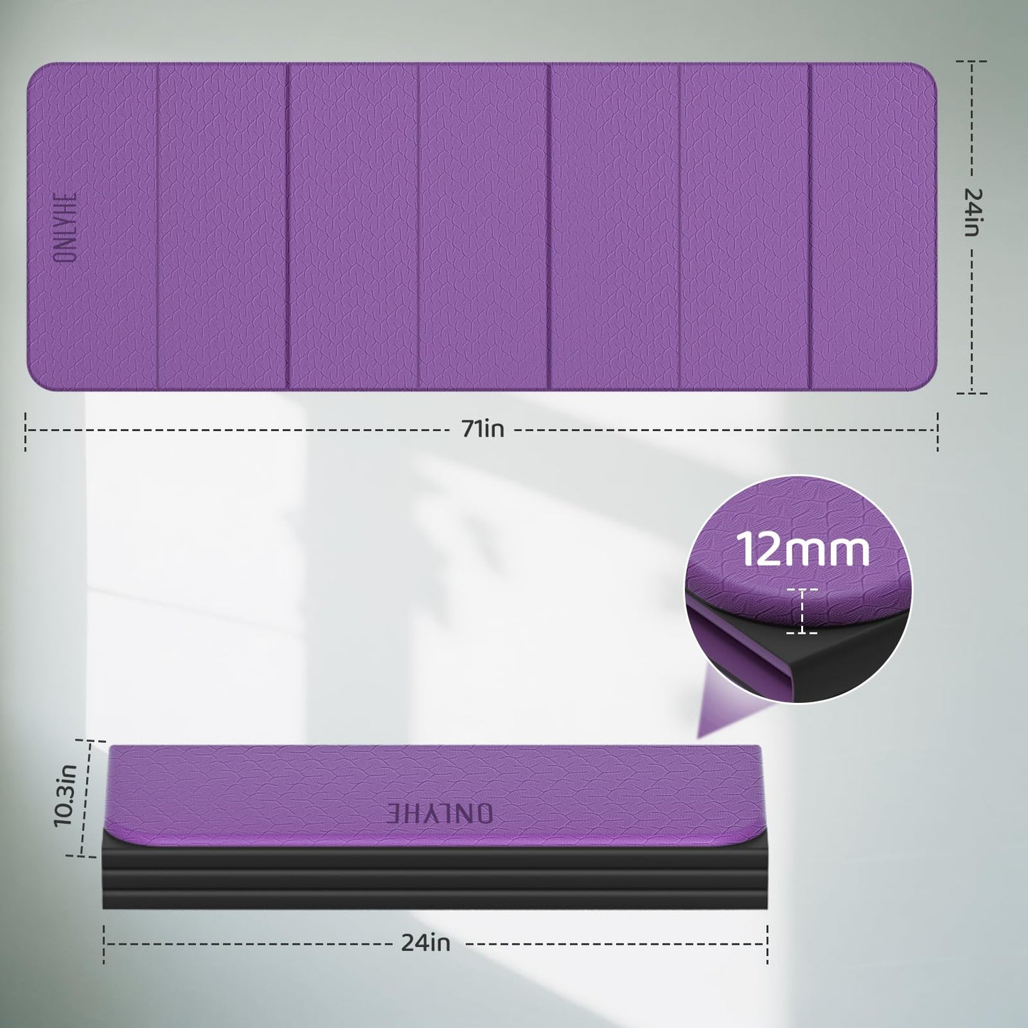 Foldable Yoga Mat (12mm) Exercise Mats for Home Workout,Comfortable and Durable,Thick-Portable Folding Mat,Non Slip,Pilates Mat Thick,Outdoor Use,Meditation,Travel,Camping（71"x24" x0.47"） (Purple+ Black)