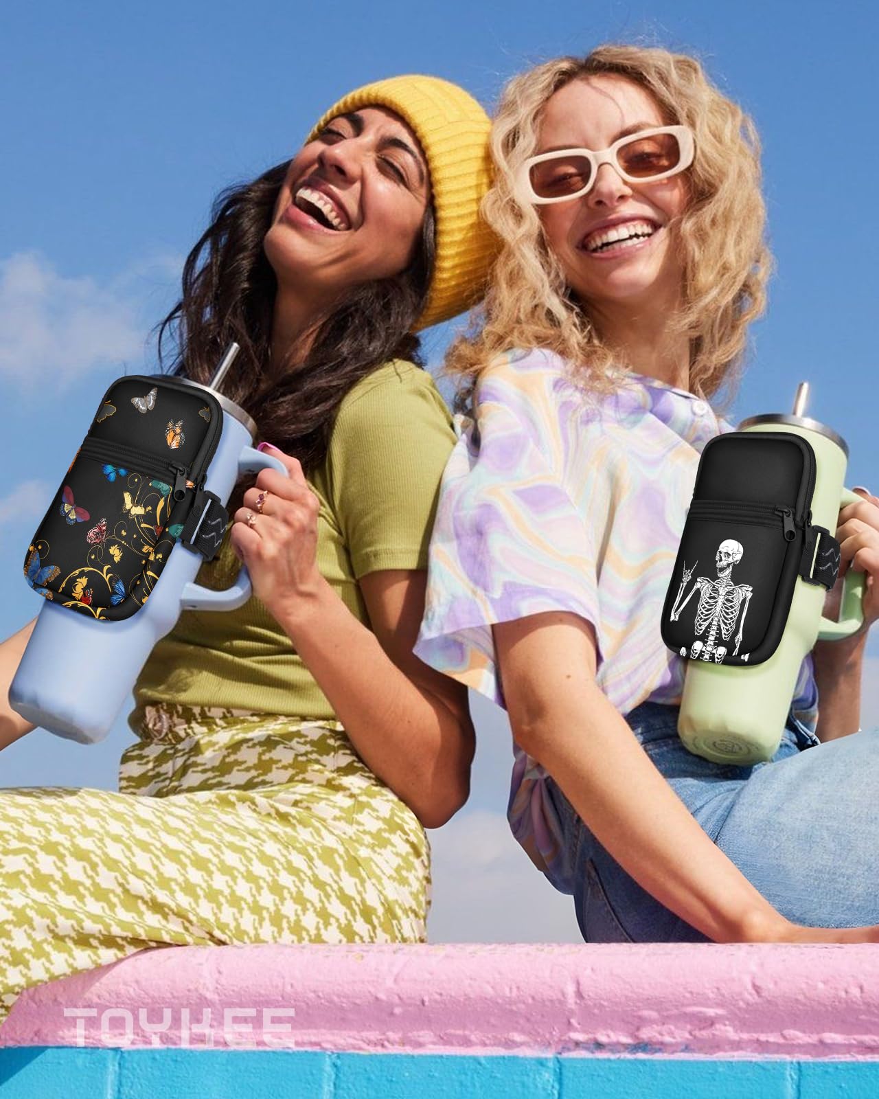 Water Bottle Pouch Backpack For Stanley Quencher Cup - Black Skeleton Print 40 30 oz Tumbler Bag Purse Pack Wallet For Phone Keys Gym Accessories