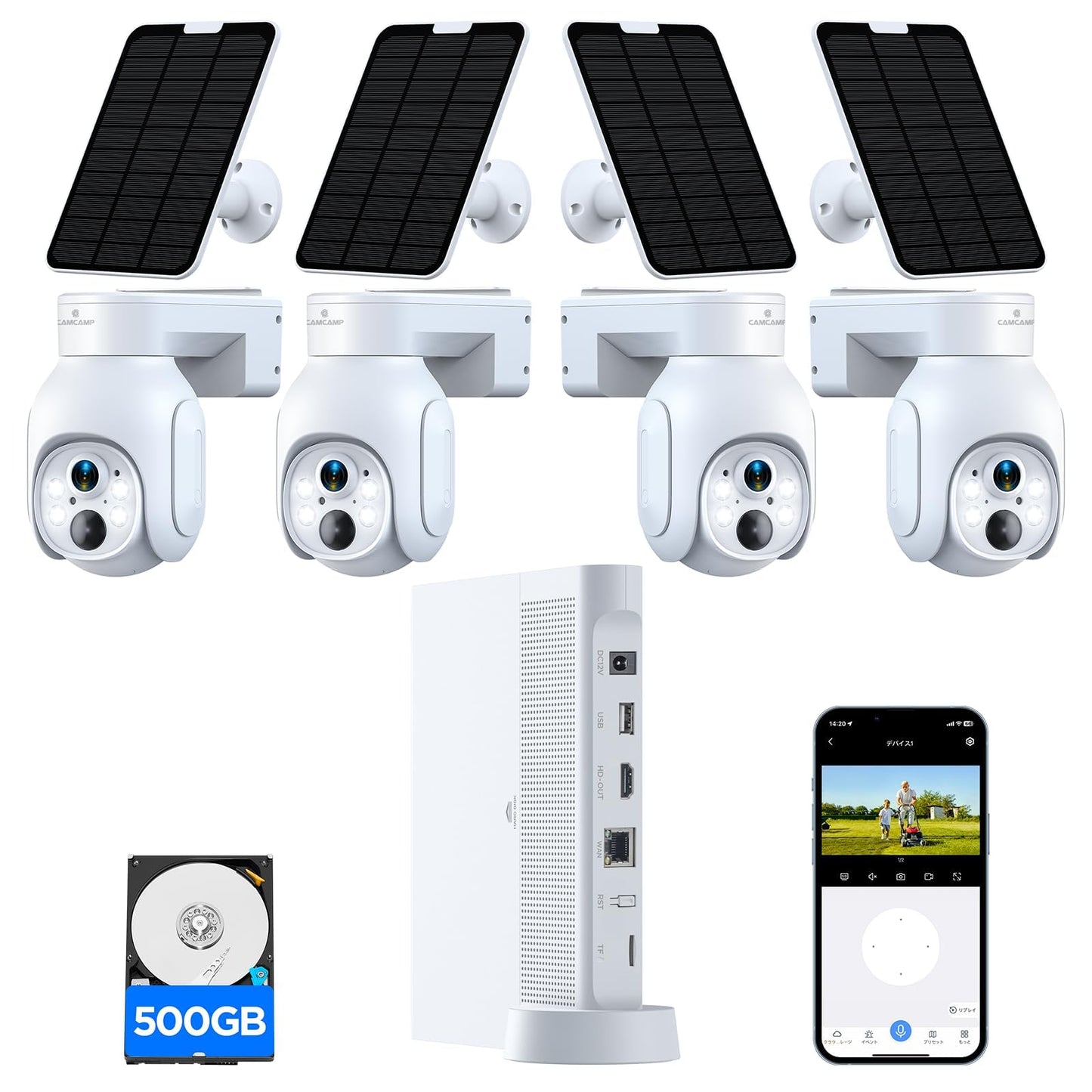 CAMCAMP Solar Security Cameras Wireless Outdoor, 4MP 2K Battery Powered WiFi System with 10CH NVR & 500GB HDD, 355° Pan Tilt PTZ, PIR Motion Detection, Color Night Vision, 2-Way Audio, No Monthly Fee