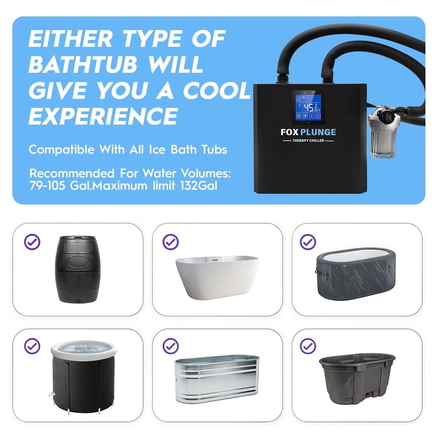 FOXPLUNGE Cold Plunge Chiller 1/2HP - 132 Gallons Water Chiller for Ice Bath Tubs with 2 Water Pumps, Filter & Hose, Remote Control, Quiet Cooling System for Home Muscle Recovery Use