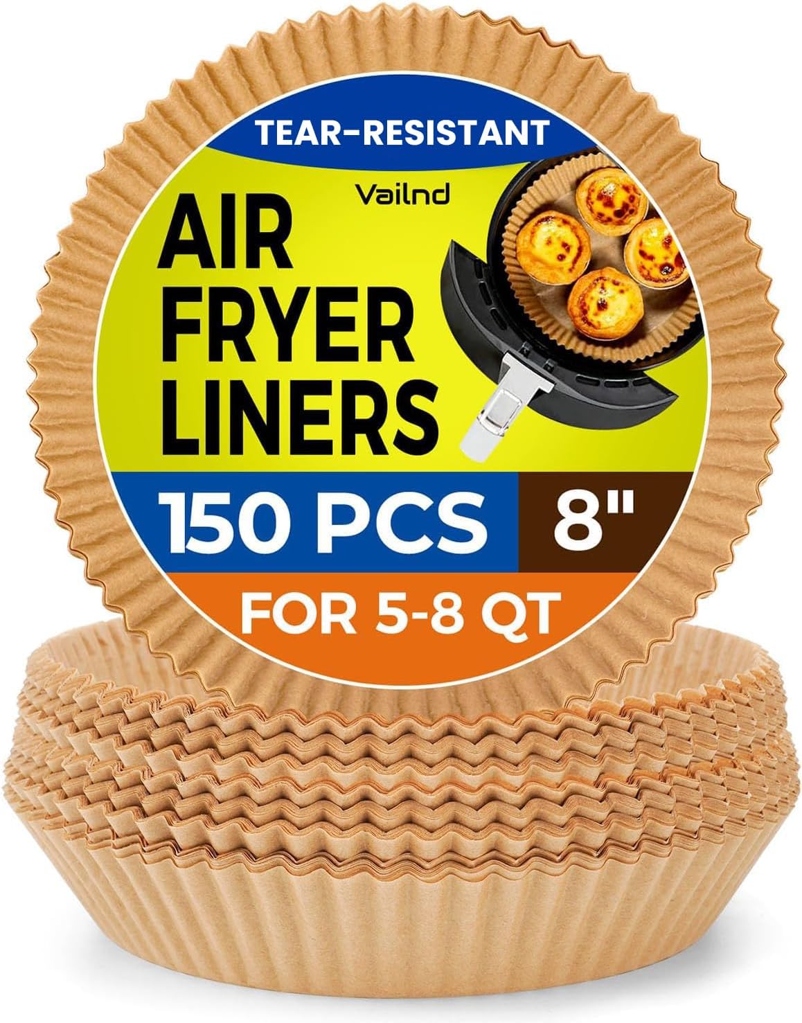 Vailnd Disposable Air Fryer Liners - 150 Pcs Heavy-Duty Non-Stick Parchment Paper | 8" Round for 5-8 Qt Baskets