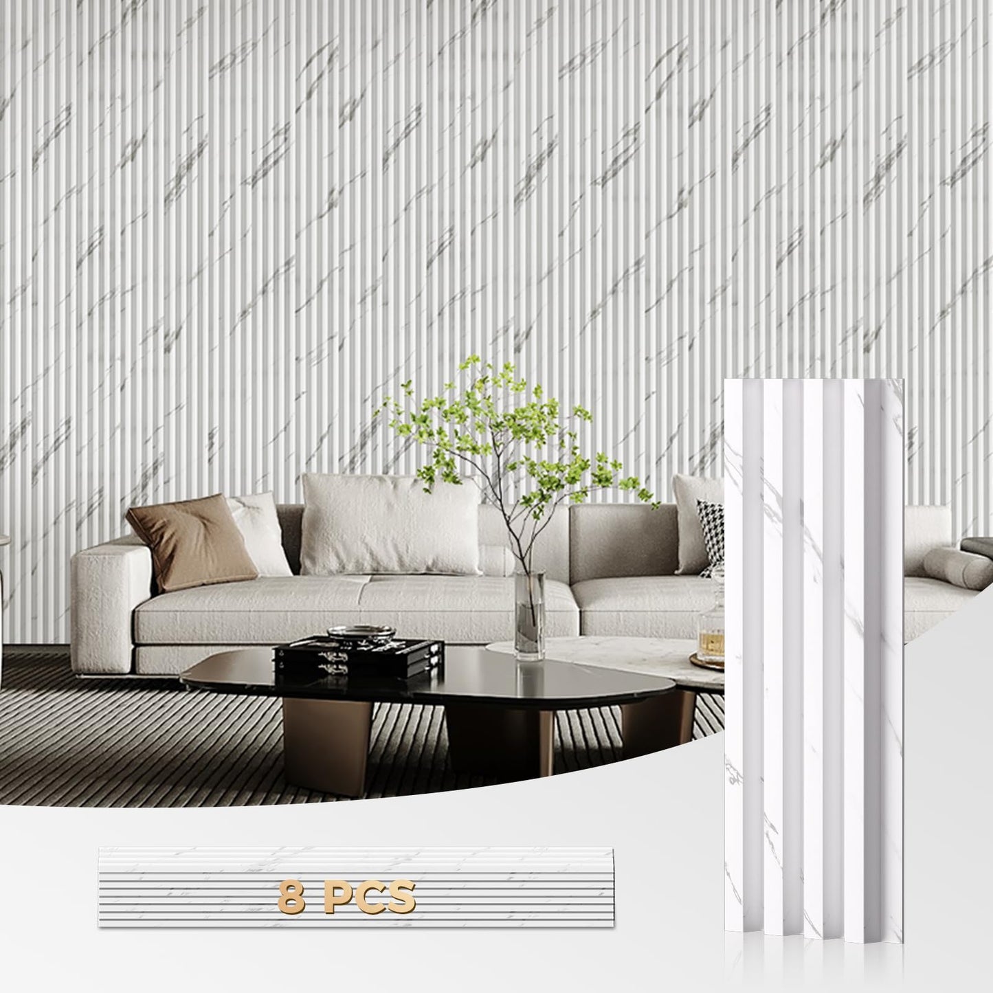 OUZUGIE WPC Acoustic Slat Wall Paneling, 8-Pack 96 x 6 Inches 3D Wall Panels for Interior Wall Decor,Living Room,TV Background,Study Room,Office Spaces,Bedroom,High Grille (White)