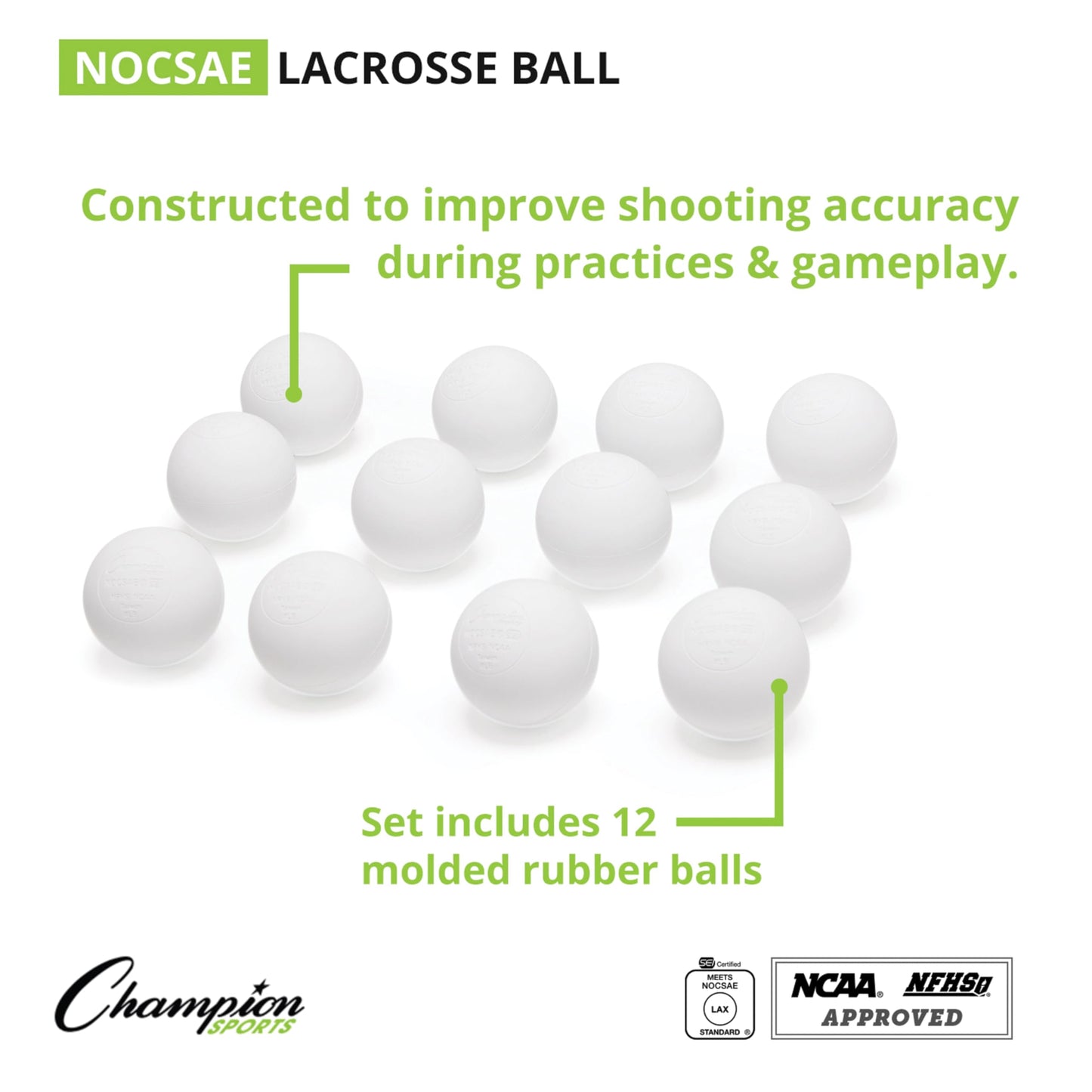 Champion Sports Lacrosse Balls – Official Size Equipment for Professional, College & High School Games, Practices & Recreation, NOCSAE, NCAA, NFHS & SEI Certified, 12-Pack, White