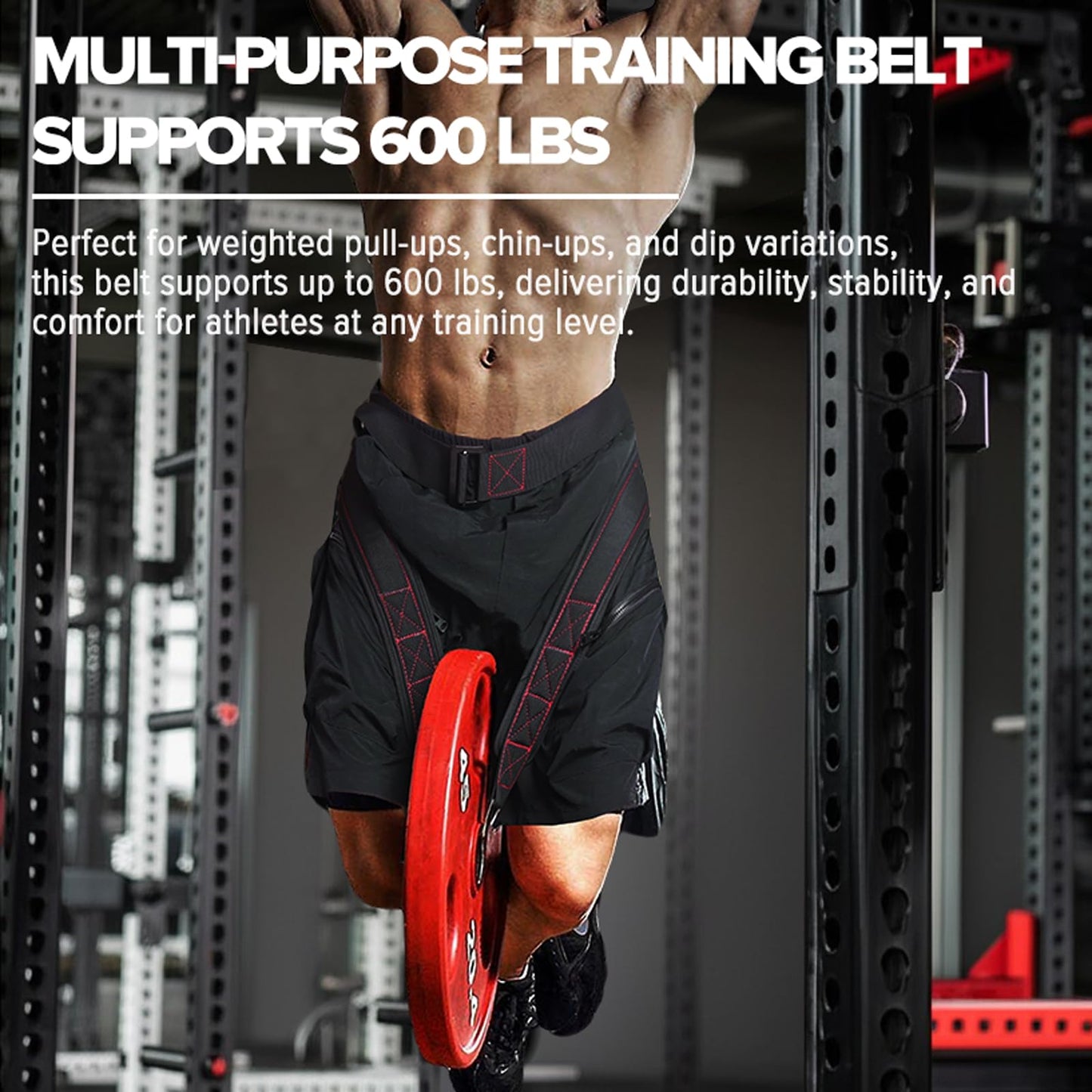 Belt for Belt Squat Dip Belt Weighted Pull Up, Heavy Duty with Structured Back Support and Squat Machine Compatible (Black&Red)