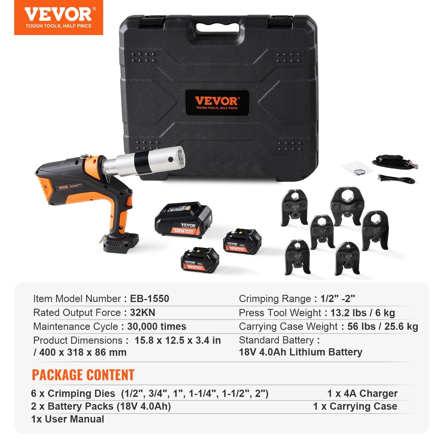 VEVOR 18V Press Tool, 32KN Electric Pipe Crimping Tool for 1/2" to 2" Copper Pipes, 360° Rotation Automatic Crimper with Brushless Motor & 6 Jaws - Compatible with ProPress