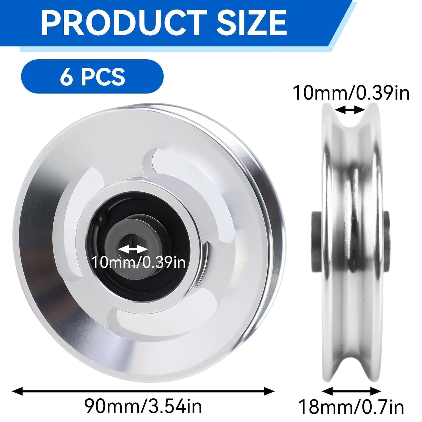 Frdhee 6PCS Aluminum Pulley Wheels for Home Gym, 90mm Universal Bearing Pulley Wheels for Home Gym Equipment Exercise Machine Pulldown Attachments Cable Machines Garage Doors (90mm Diameter)