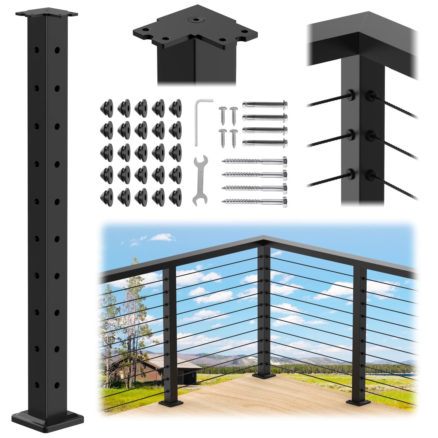 PLANTOP 36" Cable Railing Corner Post(Post 35"x2"x2"), 1 Pack 90° L-Drilled Flat Top Corner Post, Stainless Steel Black Surface Mount Deck Cable Railing Post for Indoor Outdoor, MY08-C