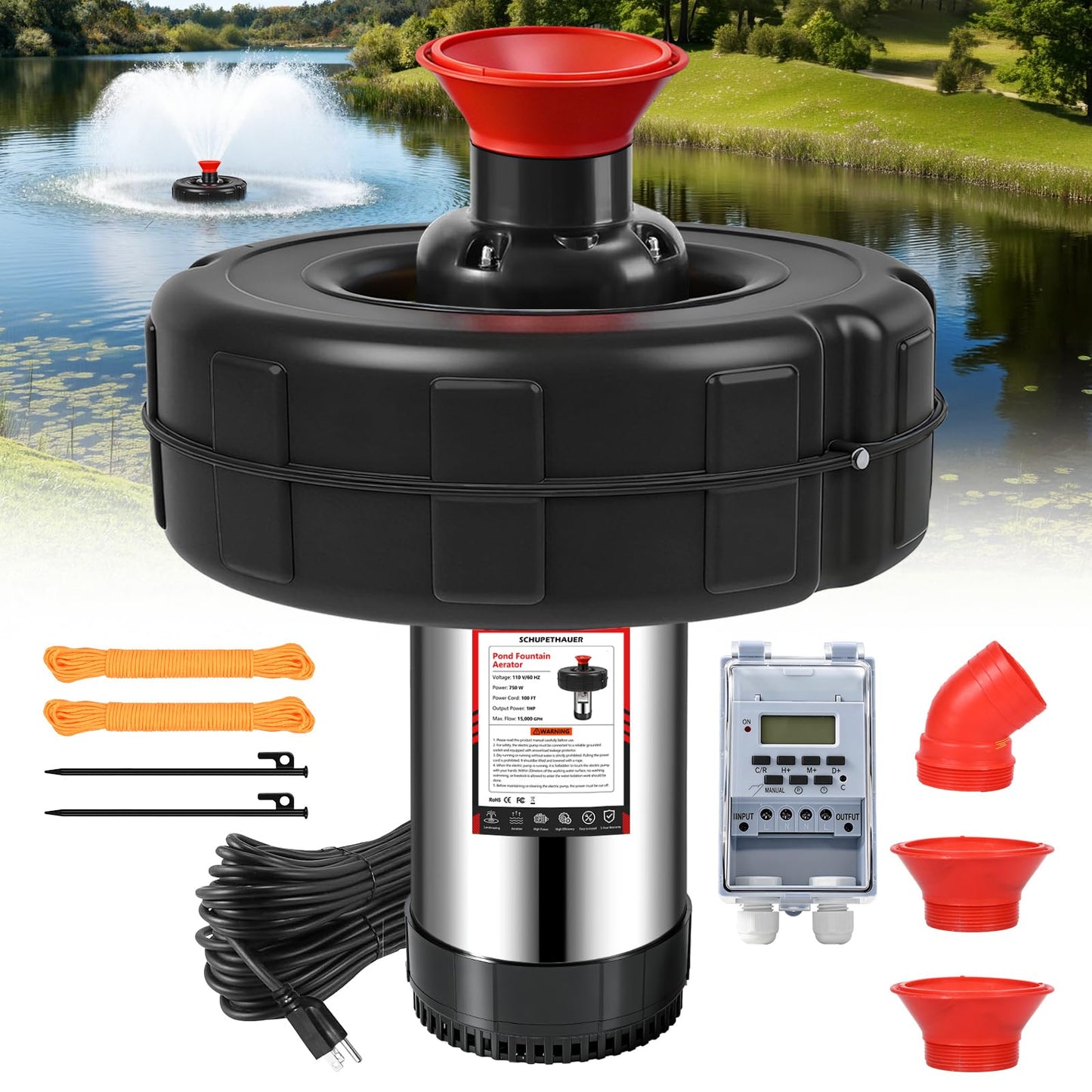 Pond Fountain Aerator, 1HP 110V 750W 15000 GPH Floating Fountain Pump with 100 FT Power Cord, 2 x 100 FT Rope, Timer, Fully Automatic Powerful Aerating Fountain for Larger Ponds, Lakes