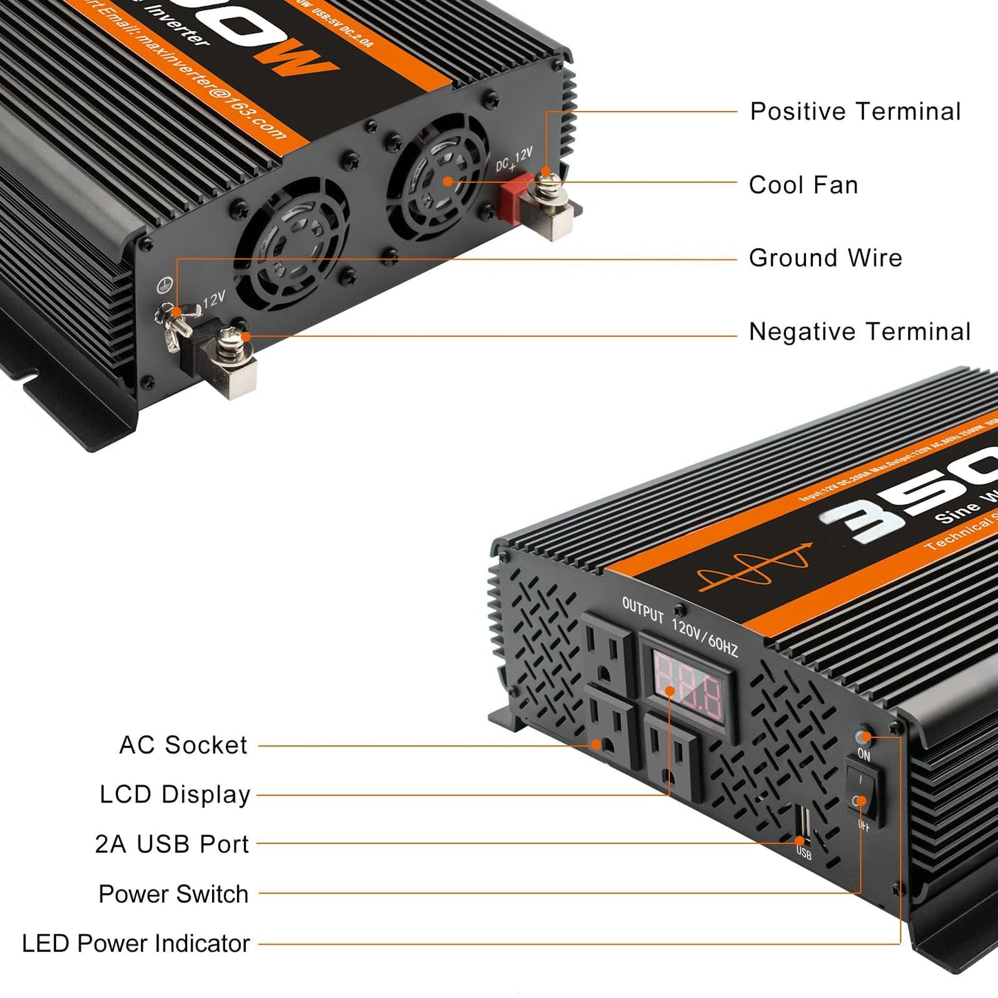 TVNIKD 3500W Pure Sine Wave Inverter 12V to 120V with 4 Power Outlets for RV Solar Power