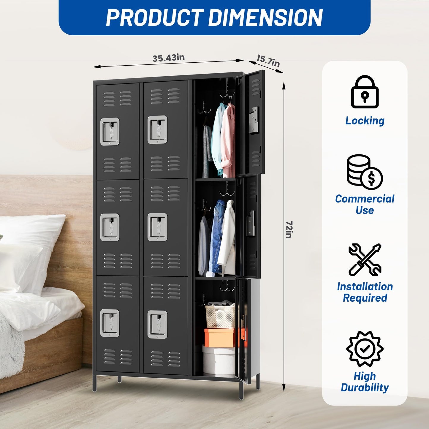 MERXENG Metal Storage Locker with 9 Doors, Metal Locker for Employees with 18 Hooks for Garage School Office Gym Home, Assembly Required, Black