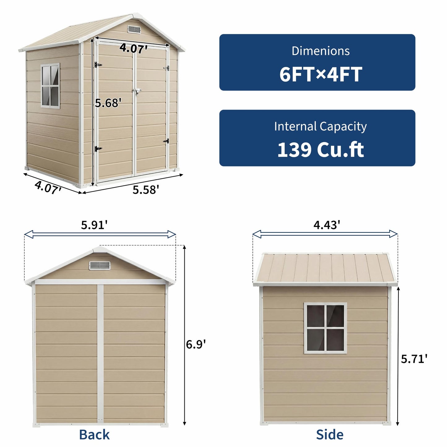 6x4 ft Outdoor Storage Shed with Floor, Plastic Resin Garden Shed with Window & Lockable Door, Tool Shed for Patio, Backyard, Lawn Mower, Bike Storage