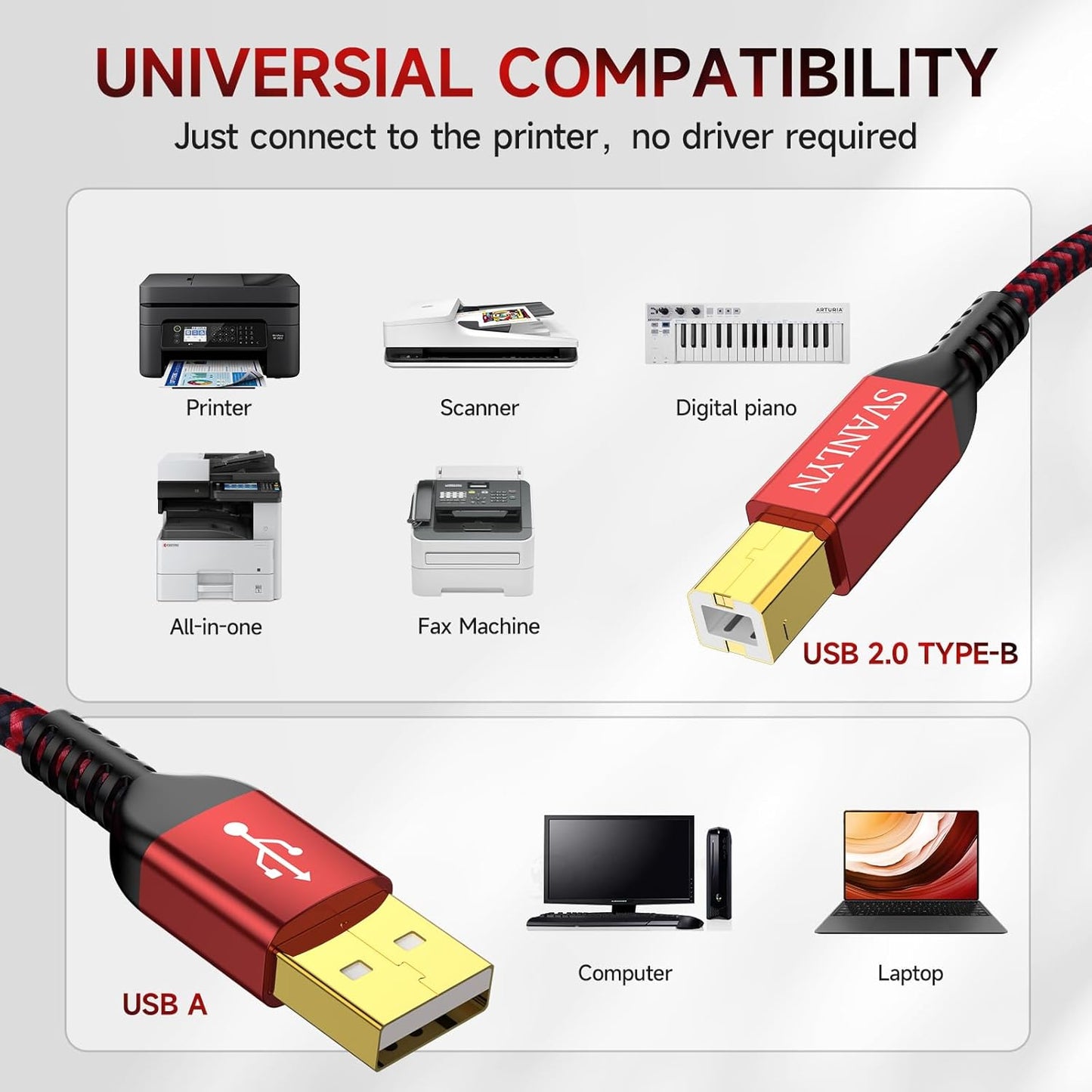 SVANLYN 6 2.0 Printer Cable FT, USB A to B Printer Cable High-Speed Nylon Braided USB MIDI Cord Compatible