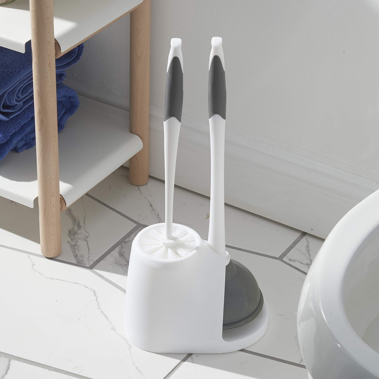 Clorox Toilet Plunger and Bowl Brush Combo with Caddy, 6.75 x 7 x 19.5 in, White/Gray