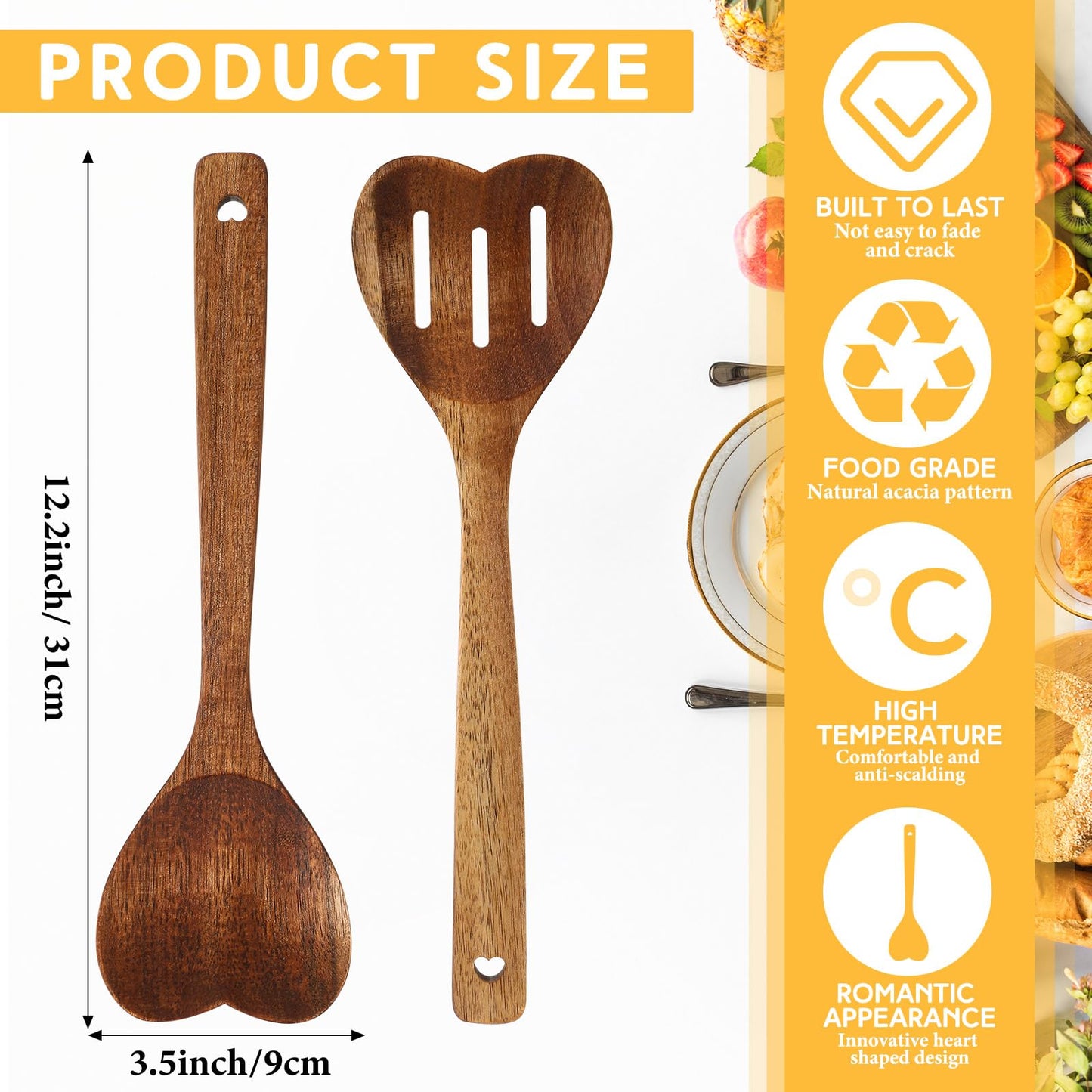 Patelai 2 Pcs Wooden Heart Spoon Set for Cooking Acacia Heart Shaped Wooden Spoonlong Handle Christmas Kitchen Utensils Gifts for Wife Grandma Moms Hostesses Cooks Housewarming Wedding Decoration