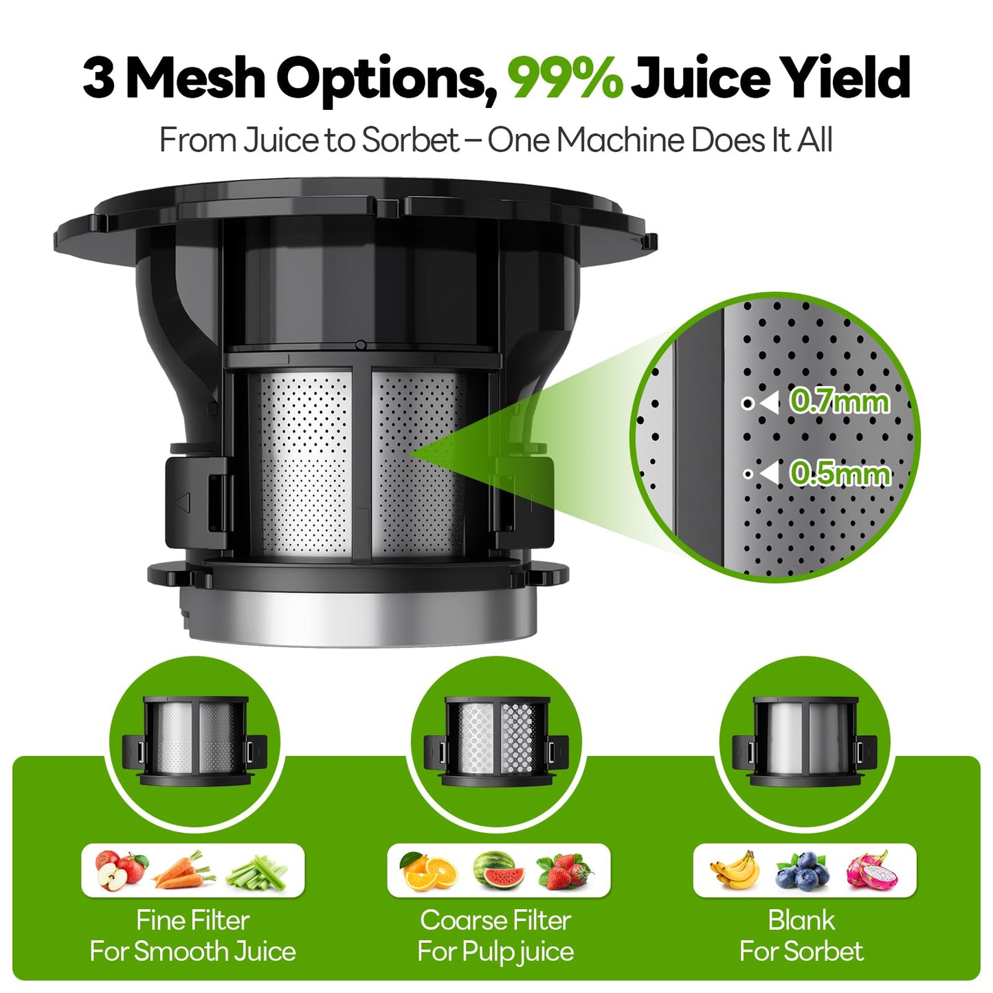 ECOSELF 3-in-1 Juicer with 3 Filters (Juice/Sorbet/Nut Milk), 6.0" Wide Mouth Hopper, Juicer Machines With Self Feeding & Hands-Free, Cold Press Juicer for Family Party, High Juice Yield, With Brush