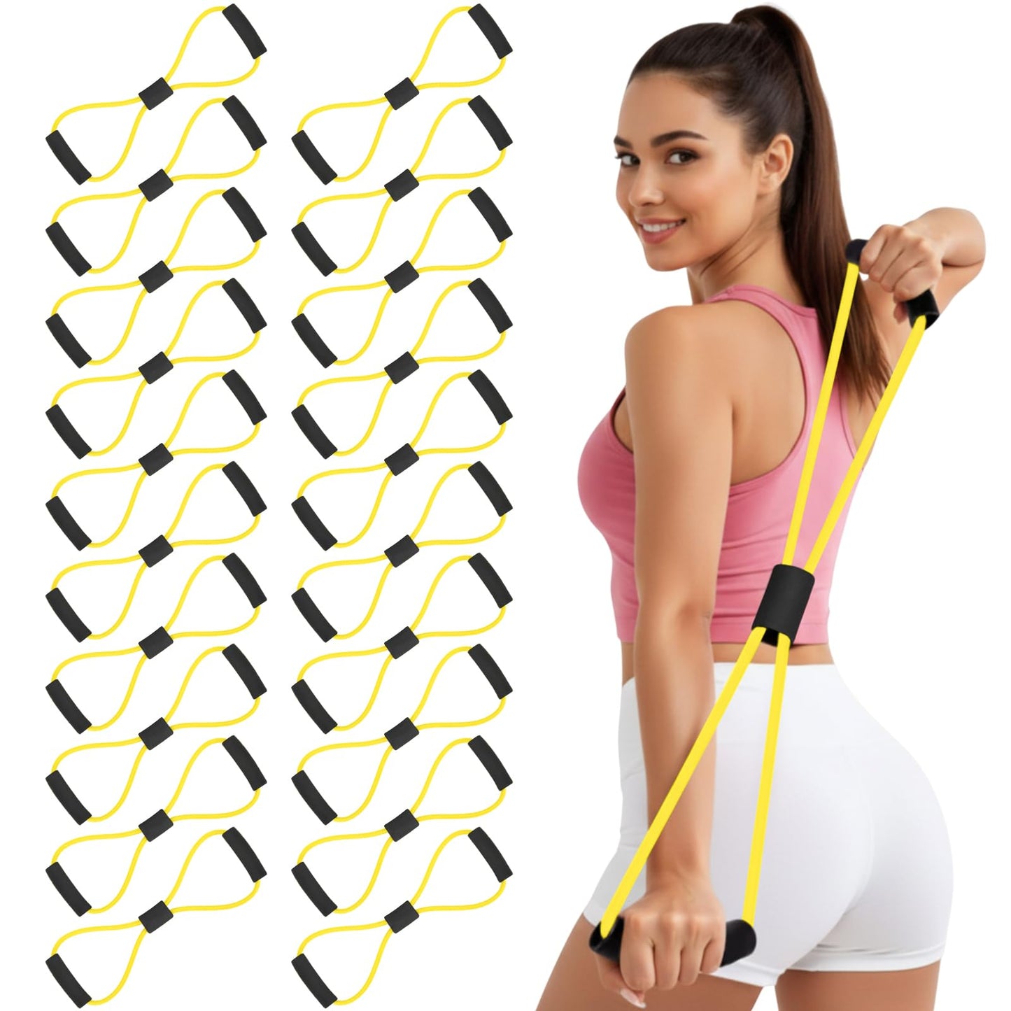 Halloscume 20 Pack Figure 8 Shaped Resistance Bands with Handles Bulk Exercise Fitness Bands Arms Shoulder Leg Stretching Gym Workout Equipment for Muscle Training Women Men (50 Lbs,Yellow)
