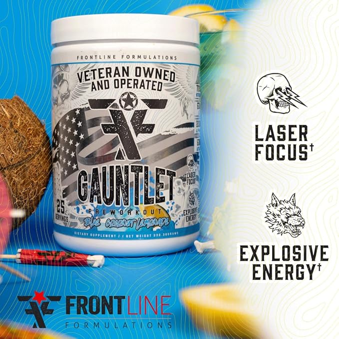 Gauntlet Pre-Workout Powder, Explosive Workouts, Laser Focus, Mid Stim, Amazing Flavor, Veteran Owned and Operated (25 Servings, Blue Coconut Lemonade)