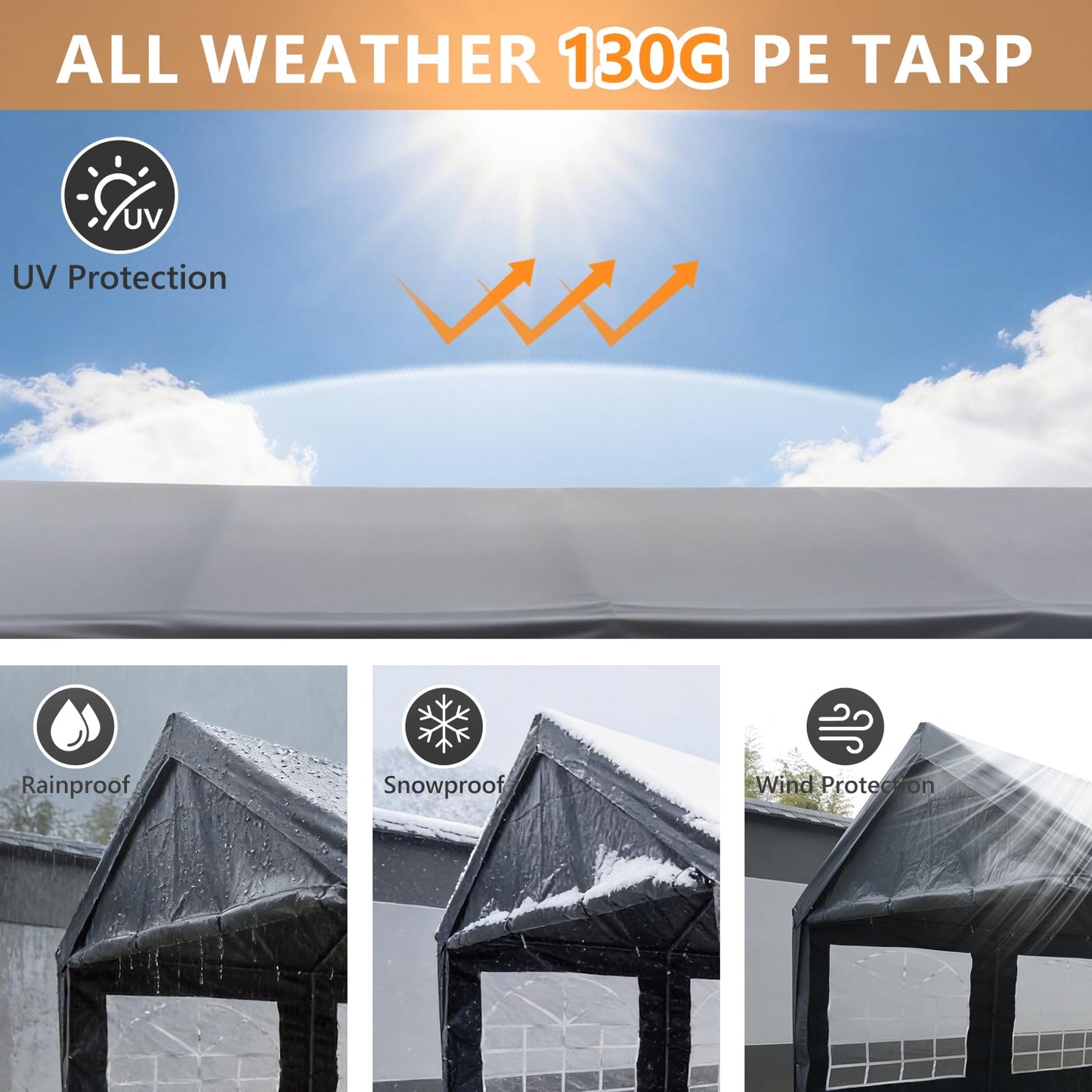 Carport 13x26 FT Heavy Duty Carport Canopy, Reinforced Steel Frame Car Tent Garage with 6 Windows, Waterproof & UV-Resistant Car Shelter, Portable Garage All-Season Tarp for Car/Truck/Boat Grey