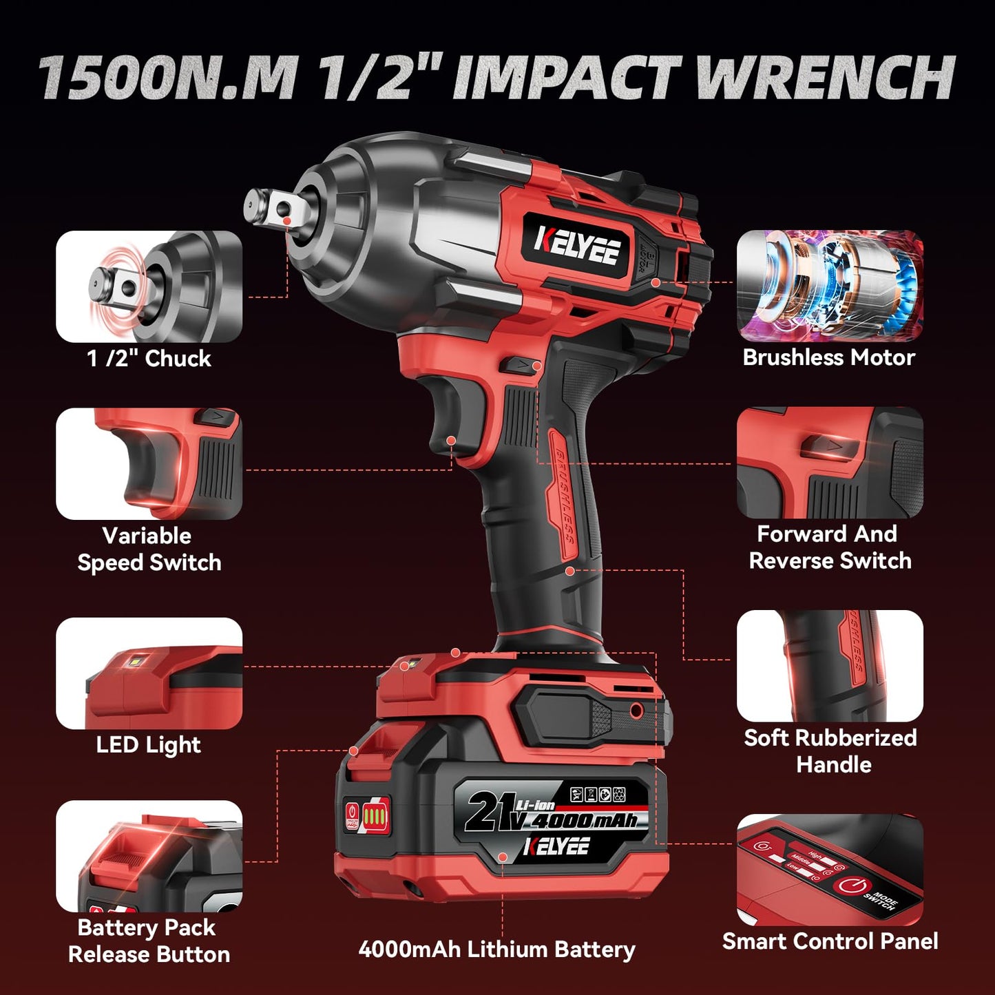 kelyee Cordless Impact Wrench 1107Ft-lbs(1500N.m), Brushless High Torque 1/2 Impact Gun with 21V 2x4.0Ah Battery, 3-Mode Speed, Electric Impact Driver with 4 Socket for Home Car Pickup Truck RV Mower