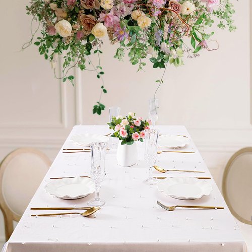 6 Pack 60x120Inch White Pearl Table Cloth Sheer Tulle Tablecloth Bridal Veil Tablecloths Tulle Fabric Table Cover for Wedding Bridal Shower Birthday Party Decor 10ft