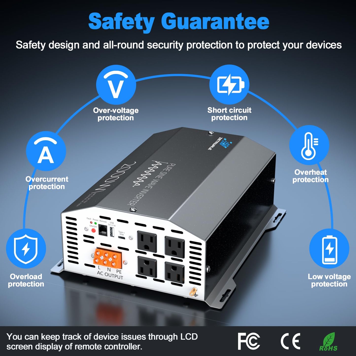 2000 Watts Pure Sine Wave Inverter 12V DC to 110V/120V AC Converter, 4000W Peak, LCD Remote Control, 4 AC Outlets, USB & Type-C – for RV, Truck, Off-Grid Solar, Emergency Power Backup