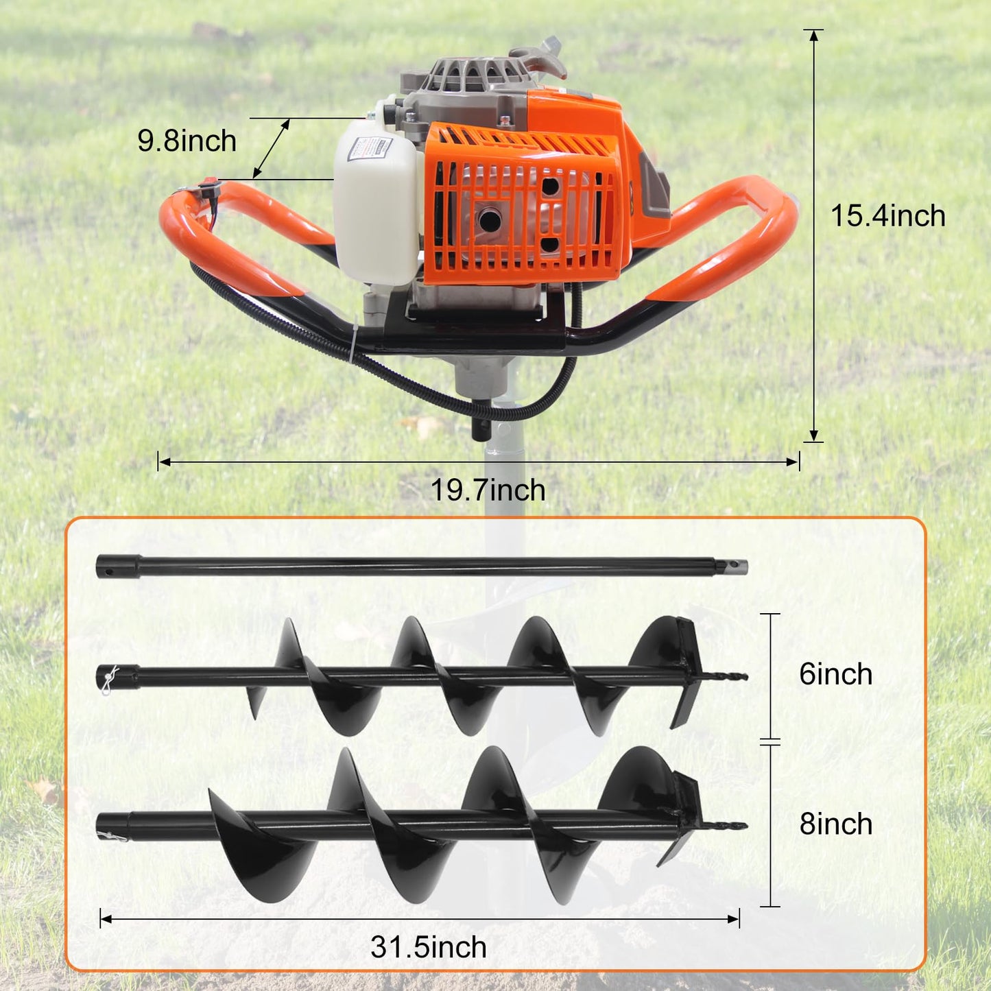 72CC Newly Upgraded Post Hole Digger Gas Powered, 2 Stroke Auger Post Hole Digger with 2 Drill Bits (6" & 8") + 1 Extension Rod for Planting - Ideal for Farm & Garden - Orange (72 CC)