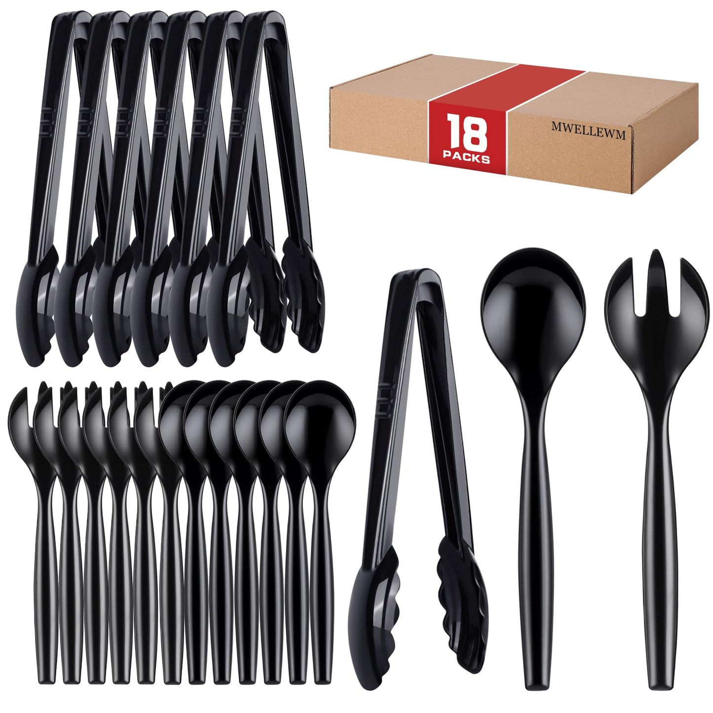 Mwellewm 18Pcs Serving Utensils, 10'' Plastic Serving Utensils Set, Disposable Serving Spoons for Buffet, Large Serving Tongs for Food, Heavy Duty Party Supplies for Salad Soup Cooking Catering(Black)