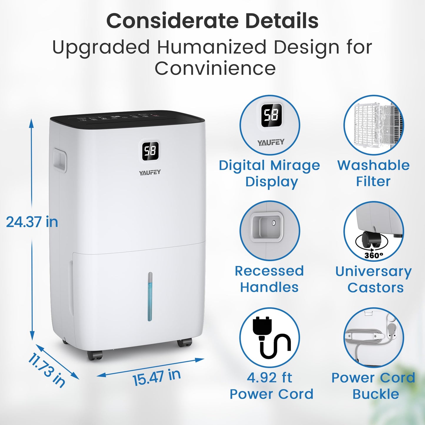 Yaufey 150 Pints Dehumidifier for Home, Basement and Large Room up to 7000 Sq. Ft., with Drain Hose, Timer, Intelligent Humidity Control and Large Water Tank