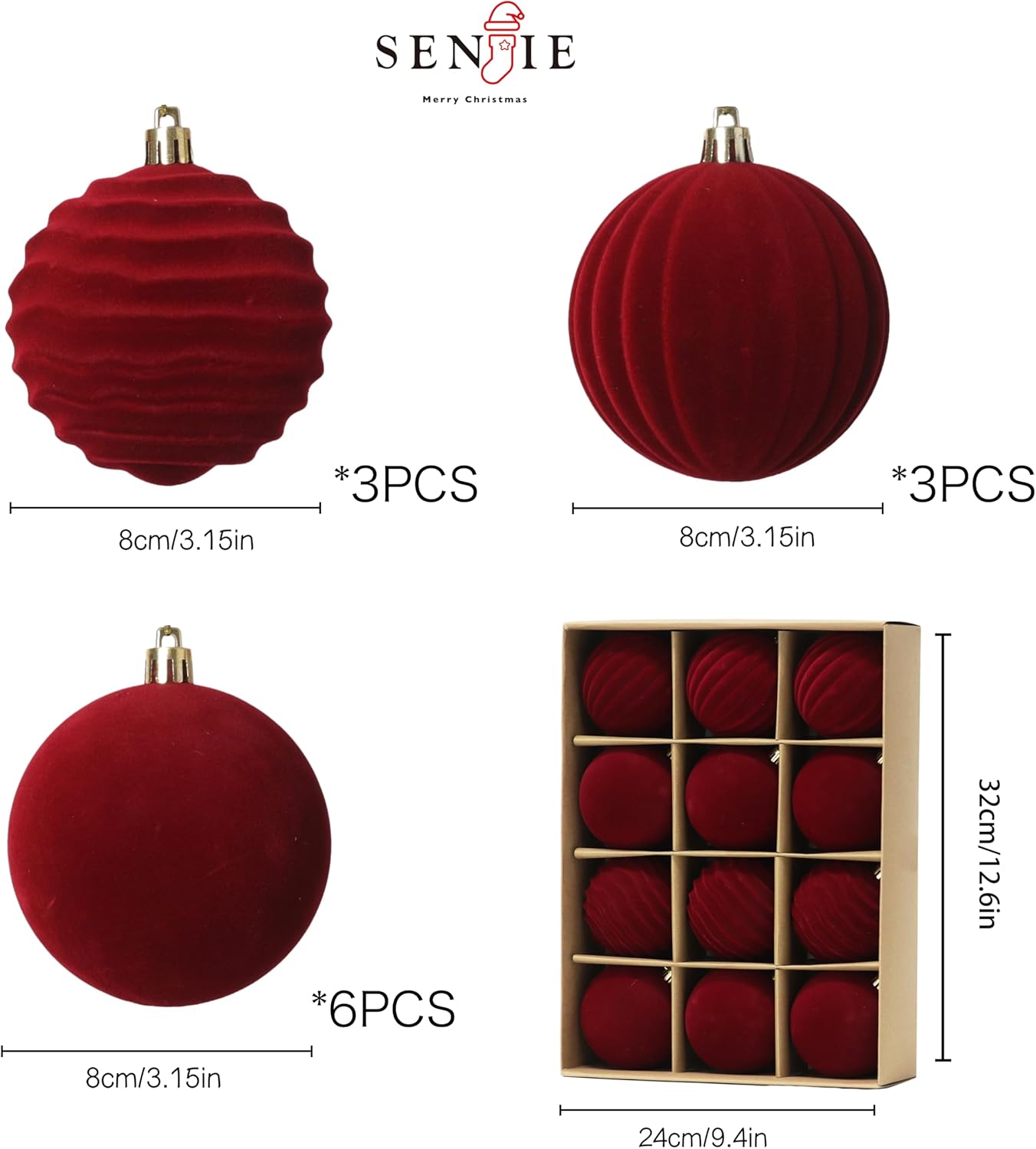 Senjie Burgundy Velvet Christmas Ornaments - 12PCS Flocked Plastic Balls for Tree Decoration
