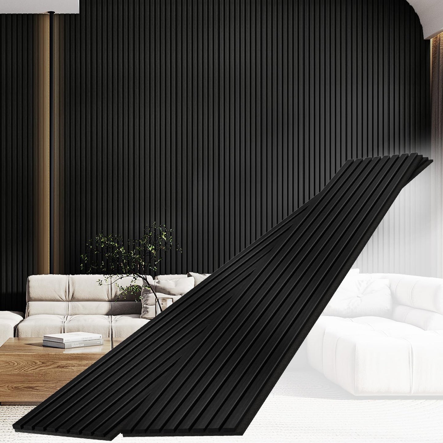 Sunny Heart Solid Wood Slat Panels for Wall 2-Piece 93.5" x 12.6" Acoustic Panels for Interior Wall Decor Noise Cancelling Soundproof 3D Fluted Sound Absorbing Panel Black