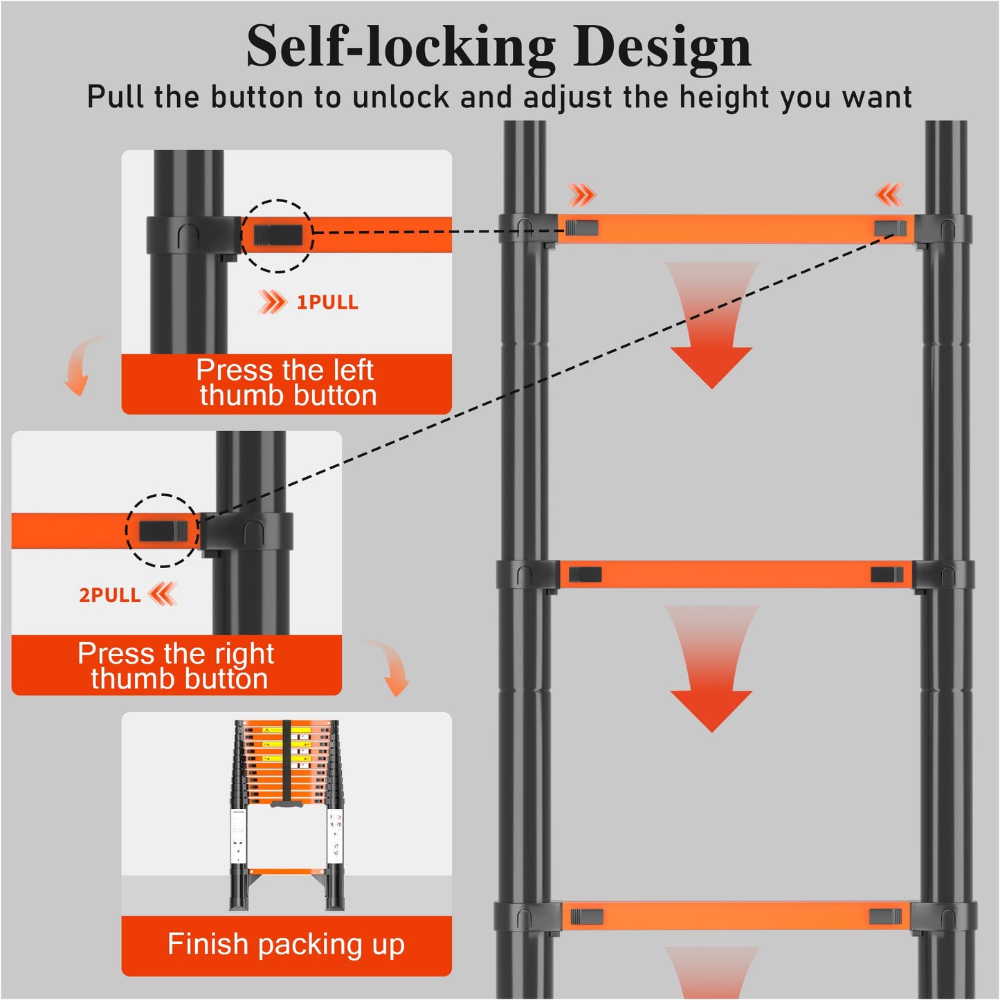 Telescoping Ladder, 12.5 FT Aluminum Extendable Ladder, 330 Lbs Capacity, Collapsible Folding Ladder for House, Roof, RV & Travel Trailer (Black+Orange)