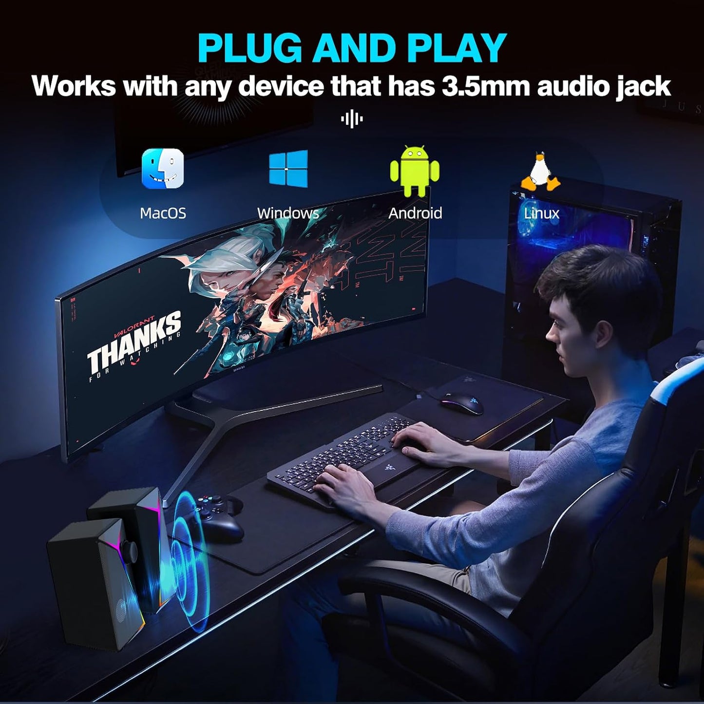 AYJBKL 3.5mm Computer Speakers for Desktop PC, USB-Powered Gaming Speakers for Laptop Multi Colorful LED Backlight