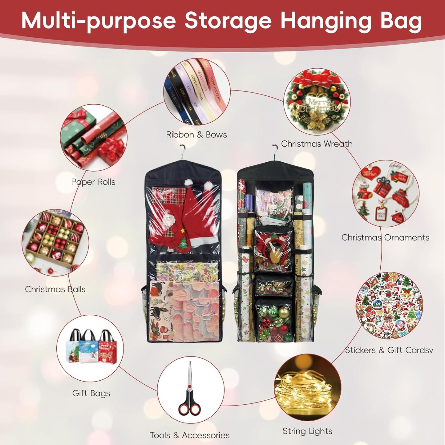 Wrapping Paper Organizer - Double-Sided Hanging Gift Wrap Storage with Pockets & Straps | Black