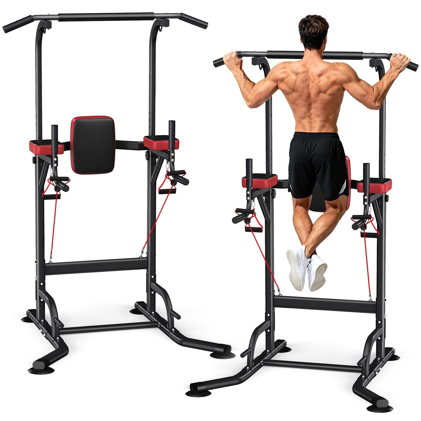 Dskeuzeew Pull Up Bar Free Standing for Multi-Function Home Gym Strength, Pull Up Dip Station Assistive Trainer Height Adjustable with Elastic Ropes, Power Tower Training Heavy-Duty Fitness Equipment