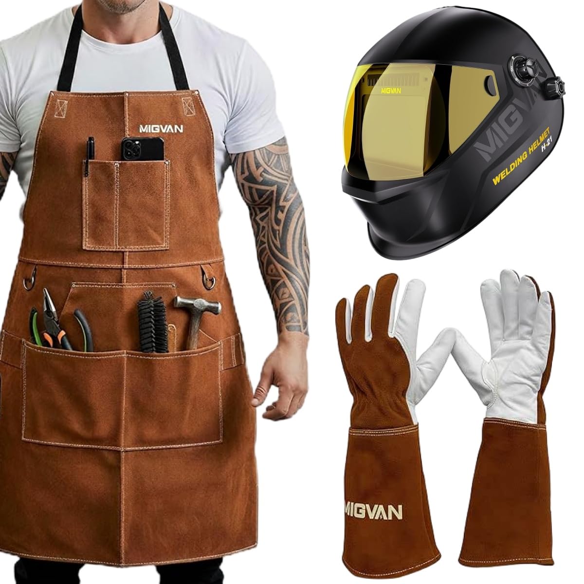 MIGVAN Welding Helmet Auto Darkening H-21, Leather MIG Welding Gloves 16 Inches, Leather MIG Welding Work Apron, Comprehensive Set Simplifies the Welding Tasks.