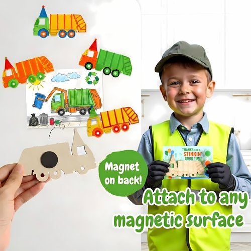 12 Pack Garbage Truck Party Favors for Kids – Individually Wrapped Paint Your Own Wooden Magnet Craft Kits with Thank You Card, Trash Day Birthday Supplies for Boys & Girls