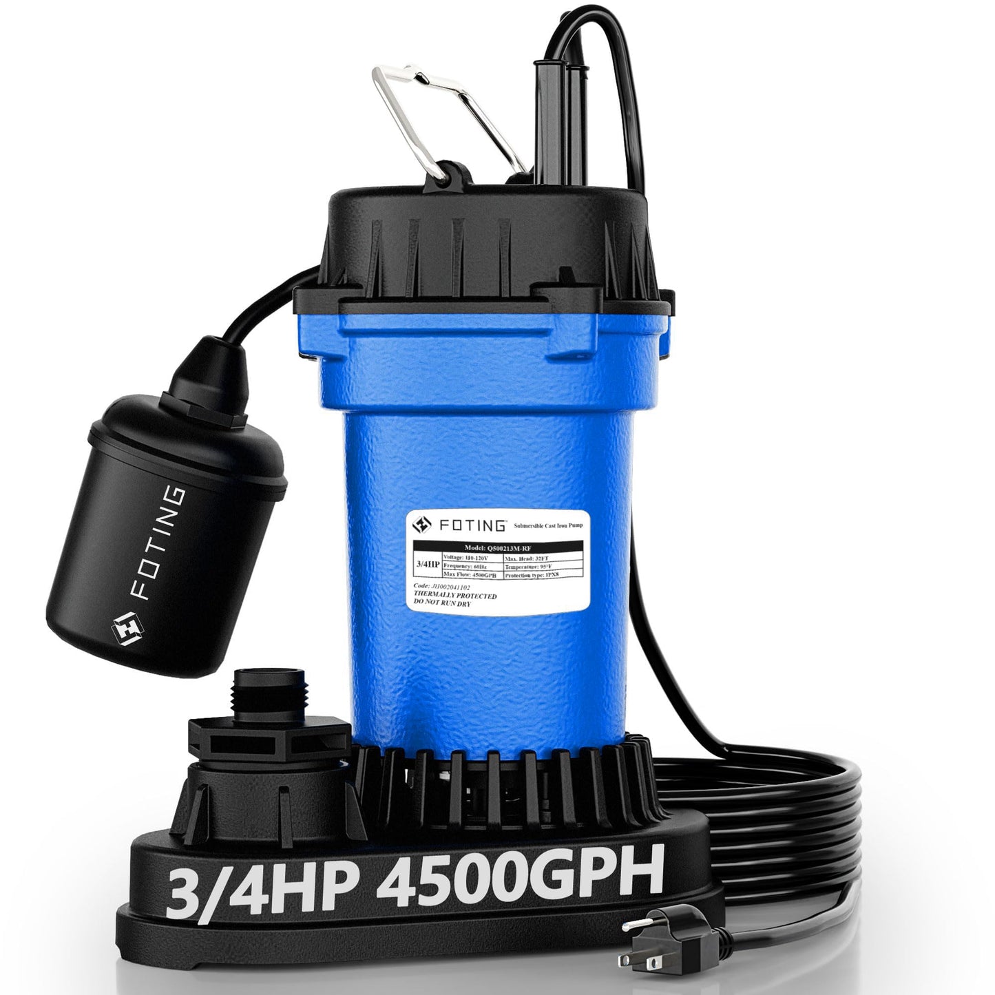 FOTING 3/4HP Submersible Sump Pump,4500 GPH Cast Iron Sewage/Effluent Pump,Automatic Tethered Float Switch,Septic Pump for Basement,Septic Tank,Basin,Sewage Well,1-1/2" NPT Discharge, Dark Blue