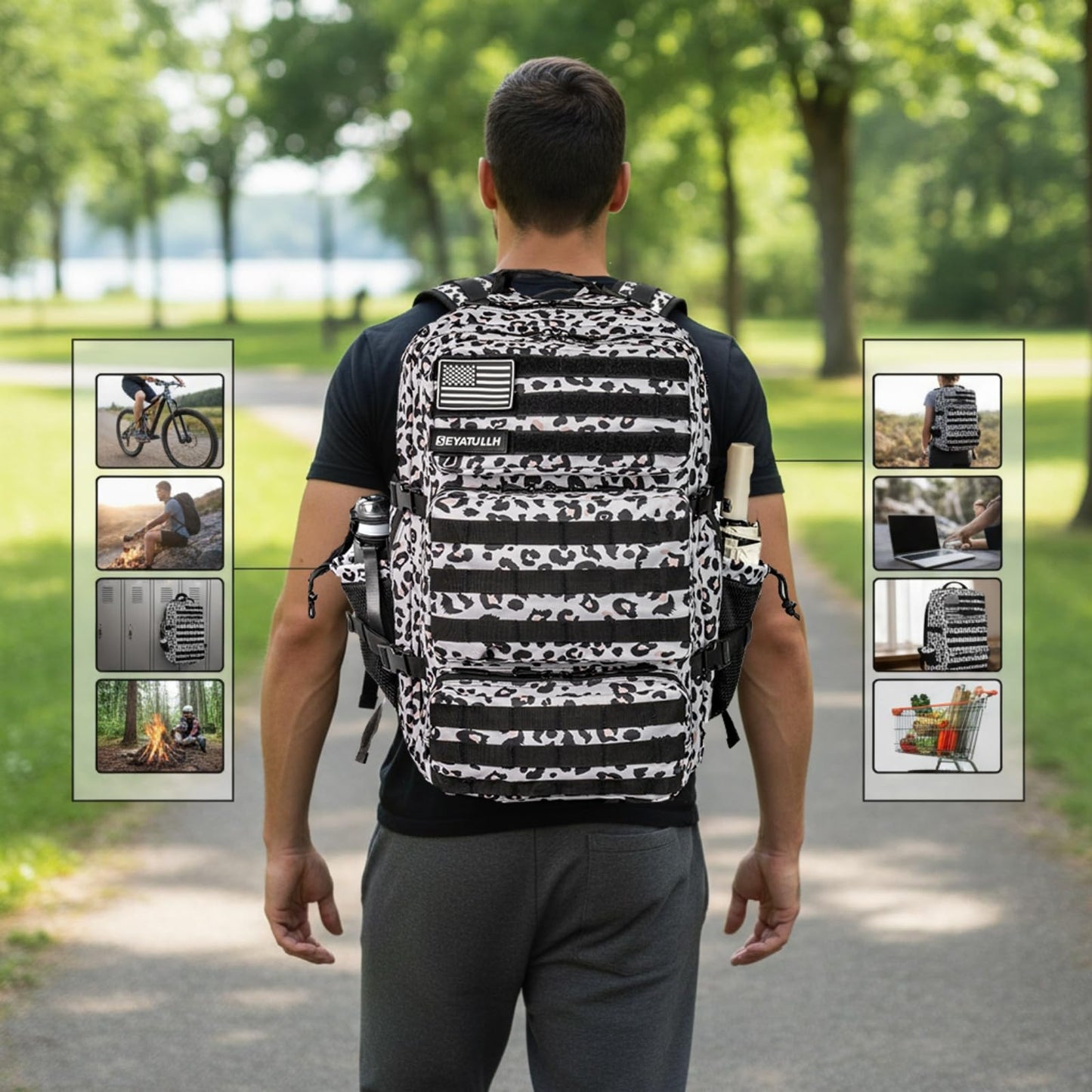 SEYATULLH Military Tactical Backpack 55L for Men & Women Bug Out Bag Assault pack Molle Daypack Hiking Trekking Rucksack (Leopard print color)