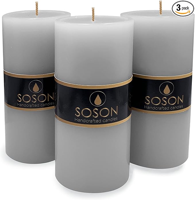 Simply Soson Grey Pillar Candles - 3x6 inch Set of 3 - Unscented Decorative Large Candles for Home Decor, Weddings, Holidays