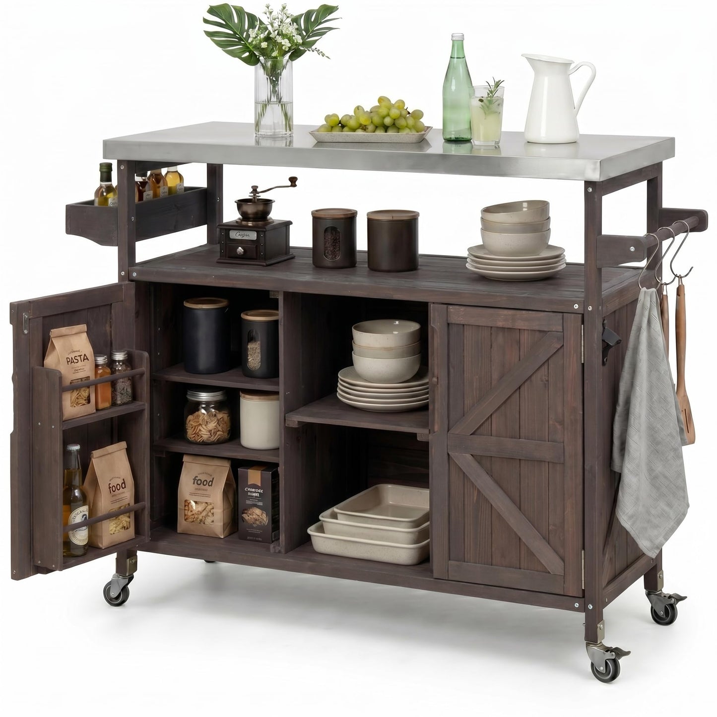 50" Outdoor Grill Cart with Storage Cabinet, Solid Fir Wood BBQ Prep Table with Stainless Steel Top, Rolling Outdoor Serving Cart with Lockable Wheels, Spice Rack & Hooks for Patio, Brown