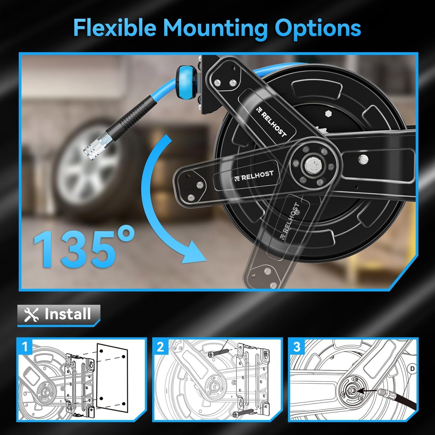 Retractable Air Hose Reel, 65ft x 3/8in Hybrid Air Hose (300PSI), Heavy Duty Compressor Hose Reel, Auto Rewind - Wall/Ceiling Mount for Workshops