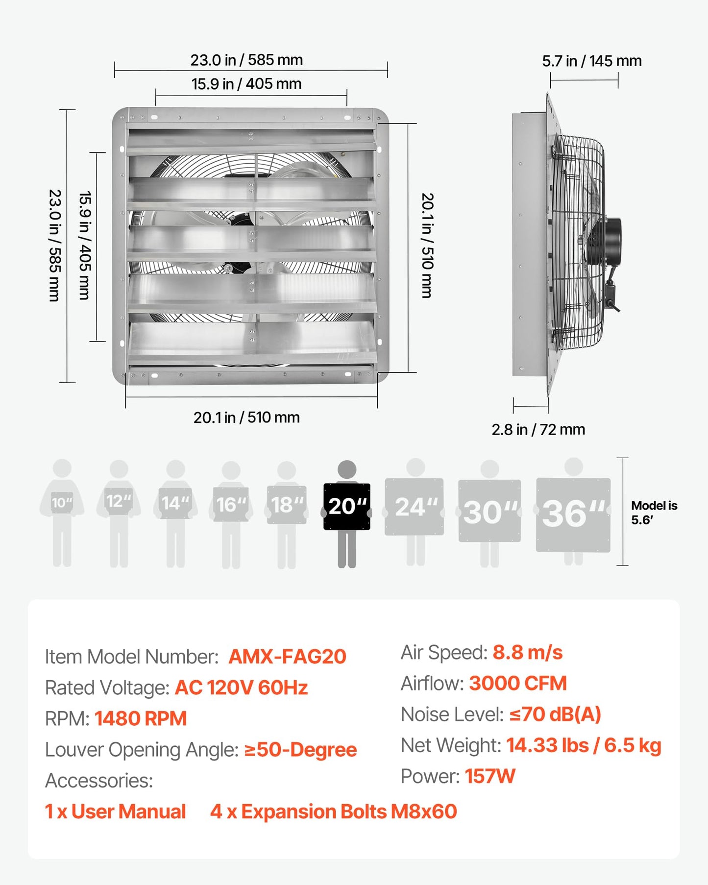 VEVOR 20'' Exhaust Fan, Wall Mounted Attic Fan with Variable Speed, 3000 CFM, Automatic Shutter, Ventilation and Cooling, Silver, Fan Only