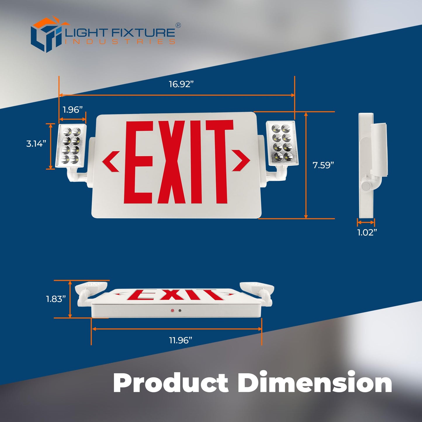 LFI Lights® Thin COMBO UL 924 Listed, Red LED, Exit Sign with Emergency Lights, White, 120-277VAC Hardwired with Battery Backup, Optional Double Face and Knock Out Arrows COMBOTRWBB