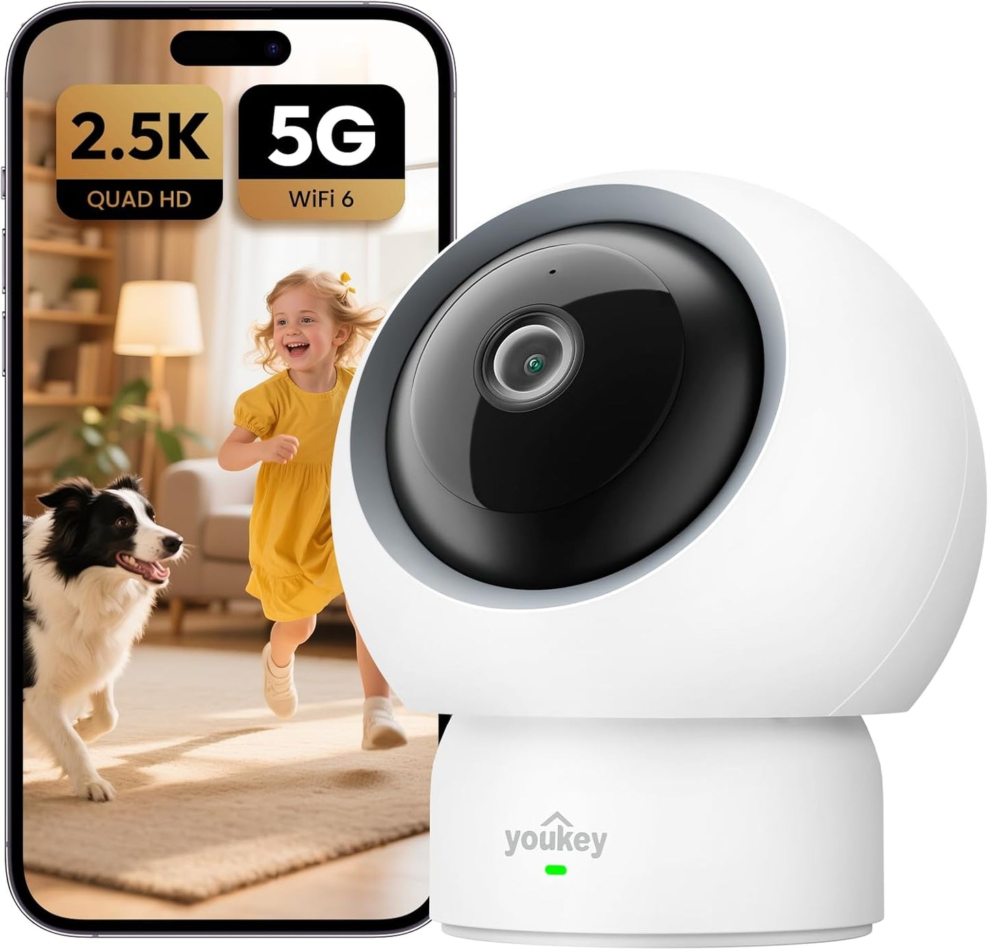 youkey 2.5K 360 5G/2.4G 6, Indoor Camera, No Monthly Fees, Pan-Tilt, Dog/Pet Camera for Home Security with Phone App