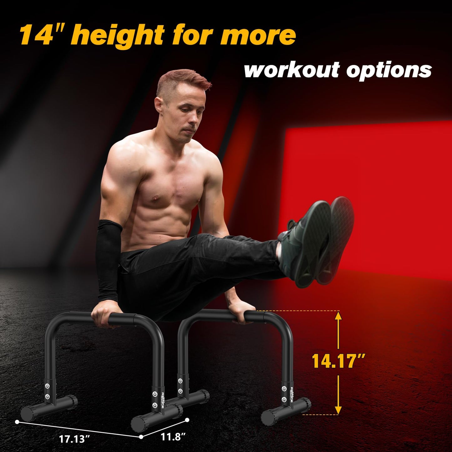 RELIFE REBUILD YOUR LIFE Push Up Bar,14in High Steel Parallettes Bars,Dip Station Strength Training At Home Gym Workout.Calisthenics Parallel for L-Sit, Full Planche & Dips, Gymnastics.(Black-03)
