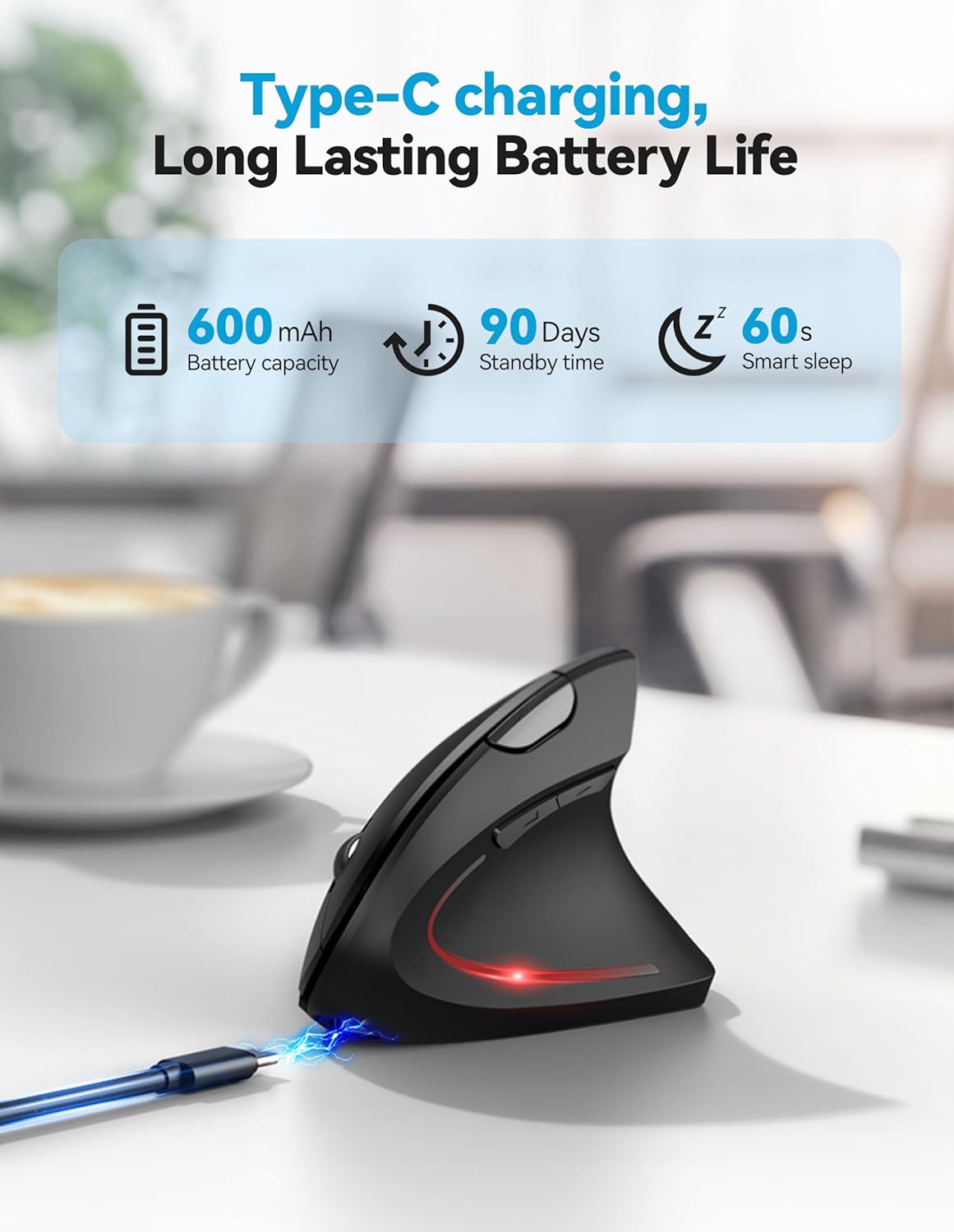 TECKNET 4800 6 Ergonomic Mouse Rechargeable Bluetooth - DPI Vertical Mice Adjustable Levels, Wireless Optical Carpal