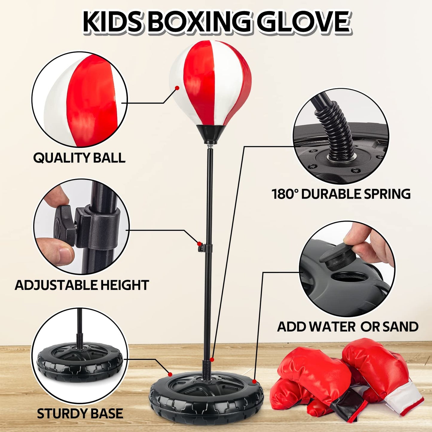 Springflower Big Punching Bag for Kids Included 2 Pack Boxing Gloves, Boxing Toys for Boys, Boxing Bag Sets with Height Adjustable Stand, for Boys & Girls Age 5 6 7 8 9 10 Years Old