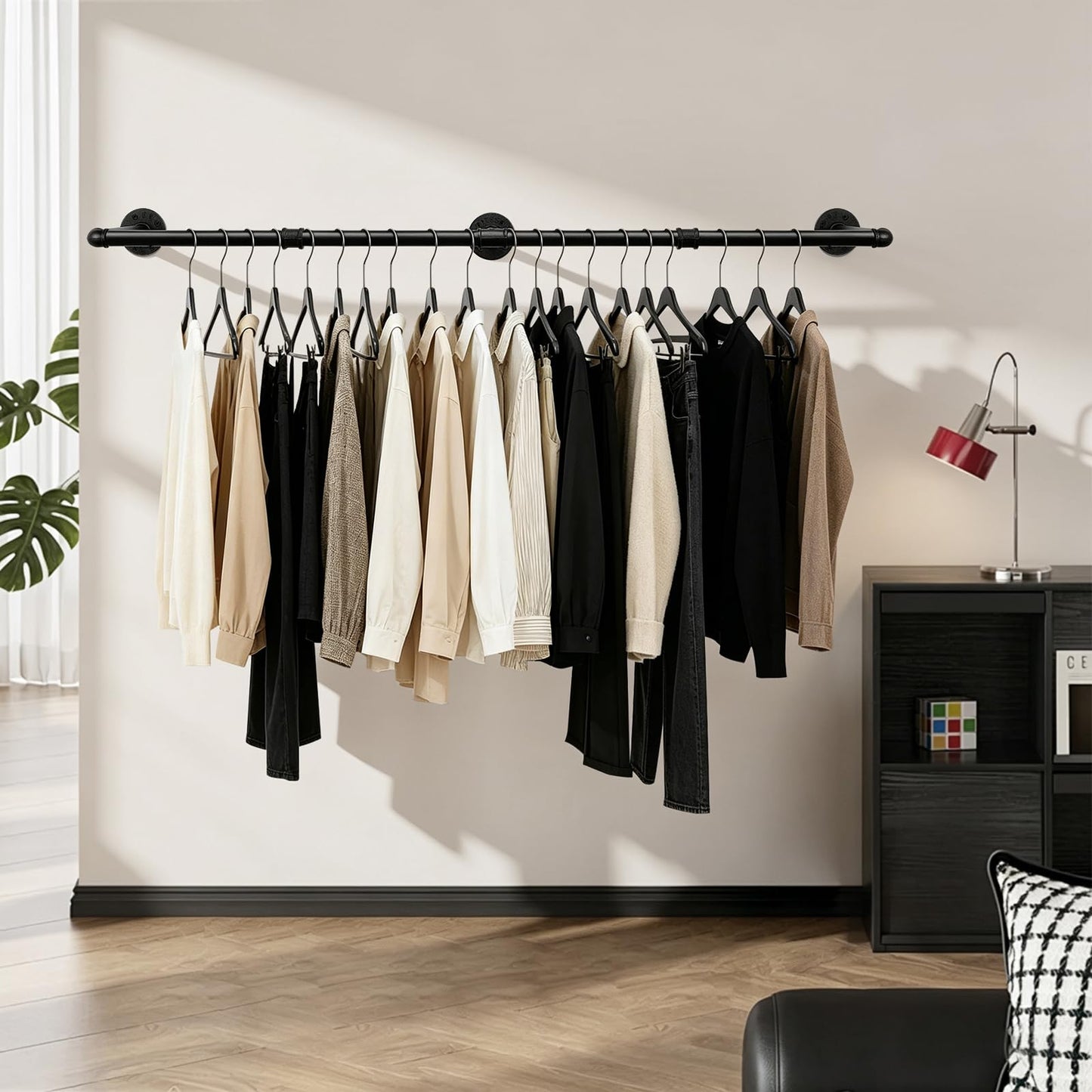 BathAce Industrial Pipe Clothes Rack, 50" Wall Mounted Iron Garment Rack, Heavy Duty Space-Saving Clothing Bar, Multi-Purpose Hanging Rod for Bedroom, Laundry Room and Closet Storage, Black