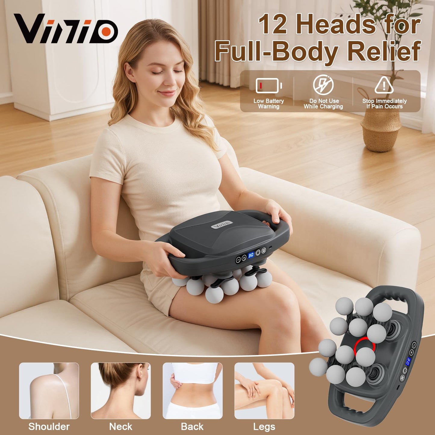 Vinid Cordless Neck and Back Massager with Heat, 12 Professional Massage Heads, 30 Adjustable Intensity Levels, 3 Massage Modes for Deep Tissue Relief, Includes Bonus 4 Heads & Shoulder Strap