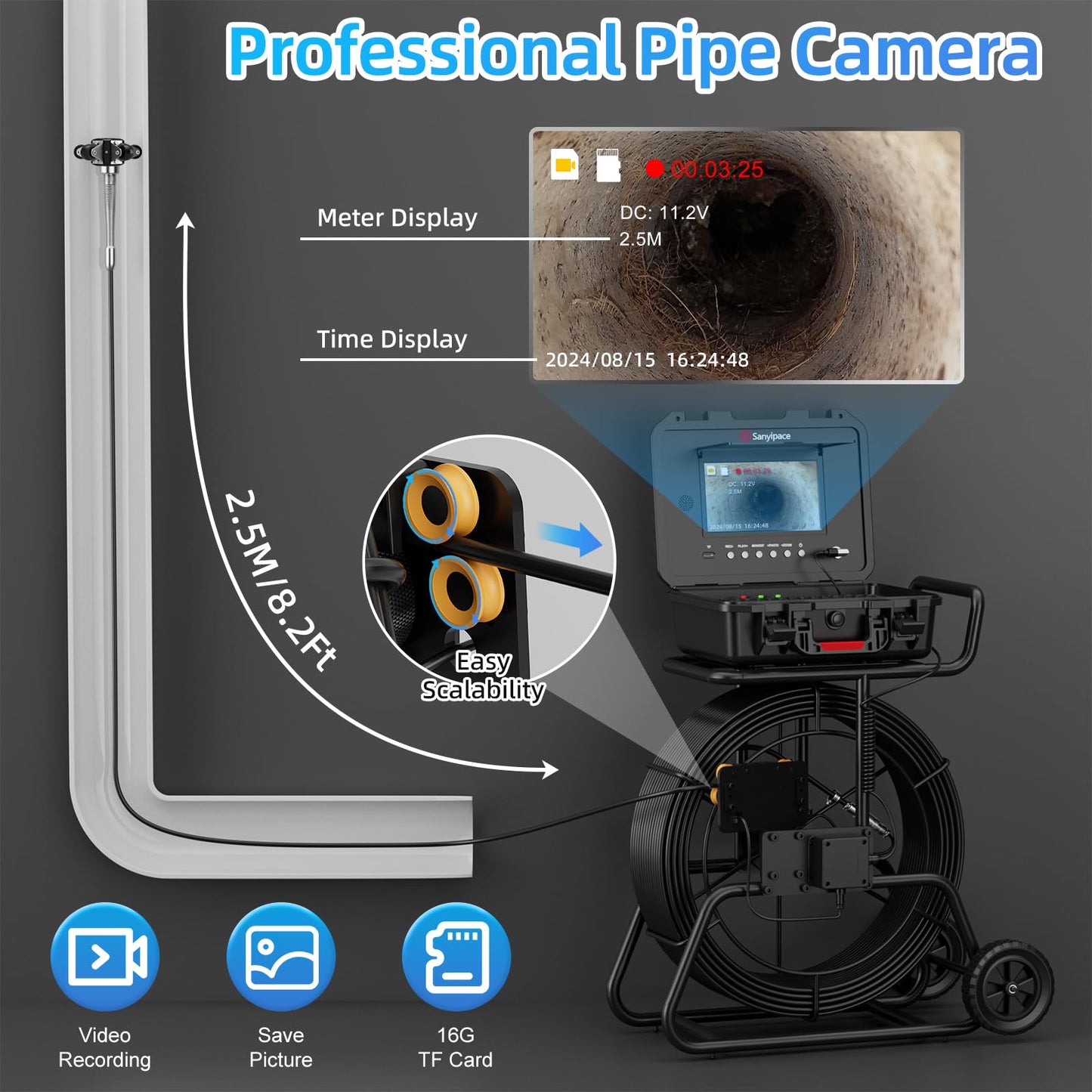 Sanyipace Sewer Camera 328FT/100M with 512Hz Transmitter, Self-Leveling, Drain Plumbing Pipe Inspection Camera with Mic Speaker, DVR Recorder, 16GB TF Card, 9mm Rigid Cable, Pipe Pulley Guide Wheel